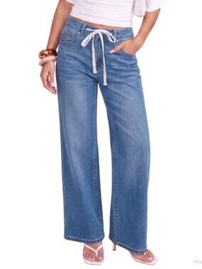 High Waisted Wide Leg Jeans Stretchy Denim Drawstring Trouser Pants Relaxed Fit